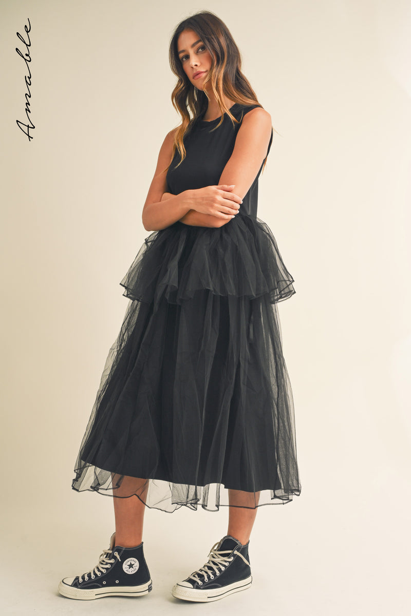 TALIA TULLE CONTRASTED MIDI DRESS