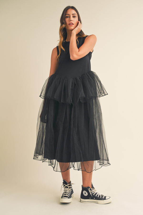 TALIA TULLE CONTRASTED MIDI DRESS