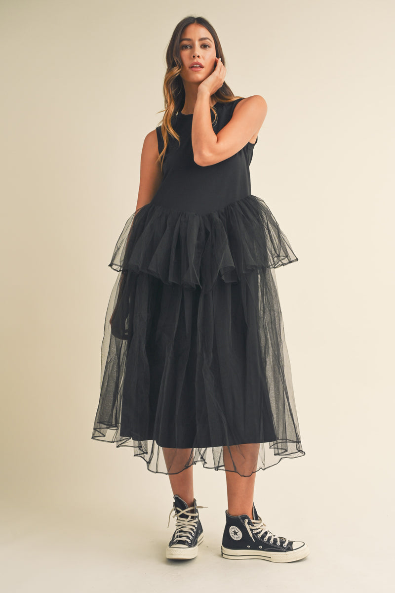 TALIA TULLE CONTRASTED MIDI DRESS
