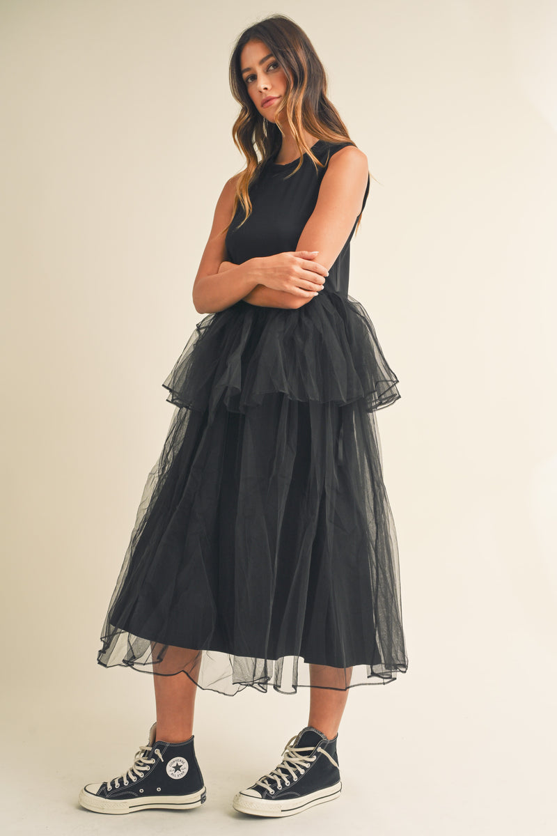 TALIA TULLE CONTRASTED MIDI DRESS