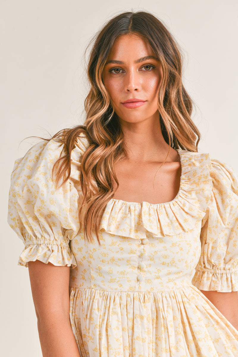 CAMILLE FLORAL RUFFLED NECK MINI DRESS