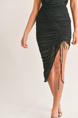 SIMONE ASYMMETRICAL DRAWSTRING MIDI DRESS