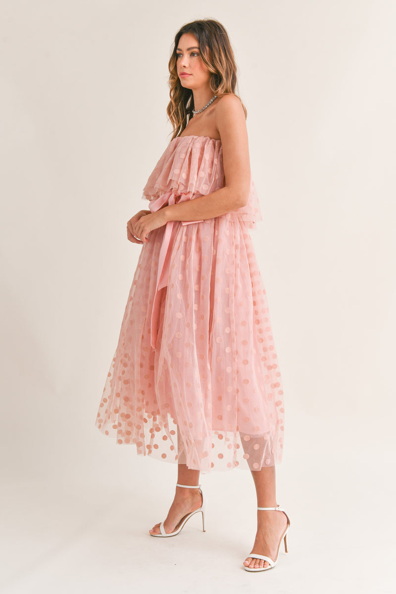 JACQUELINE POLKA DOT RUFFLE MIDI DRESS