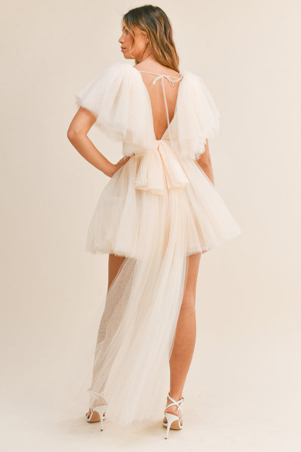 NURIA TAILED BACK TULLE MINI DRESS