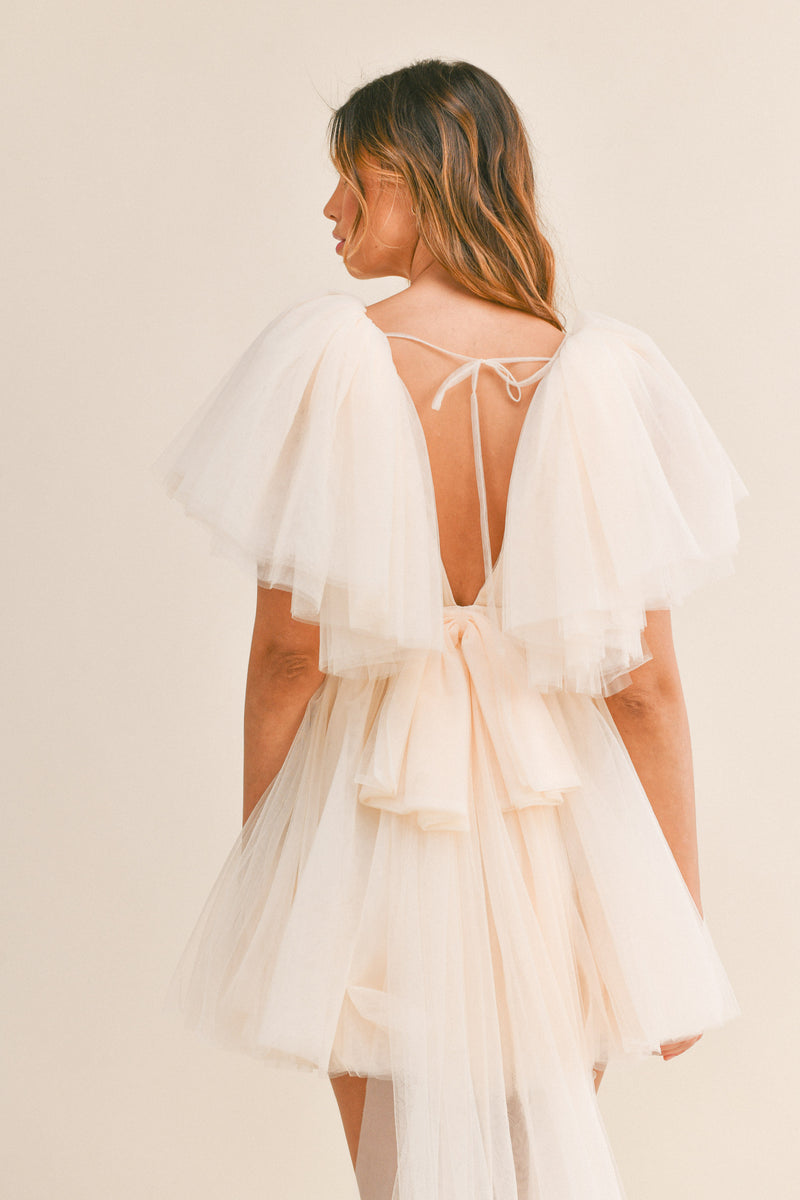 NURIA TAILED BACK TULLE MINI DRESS