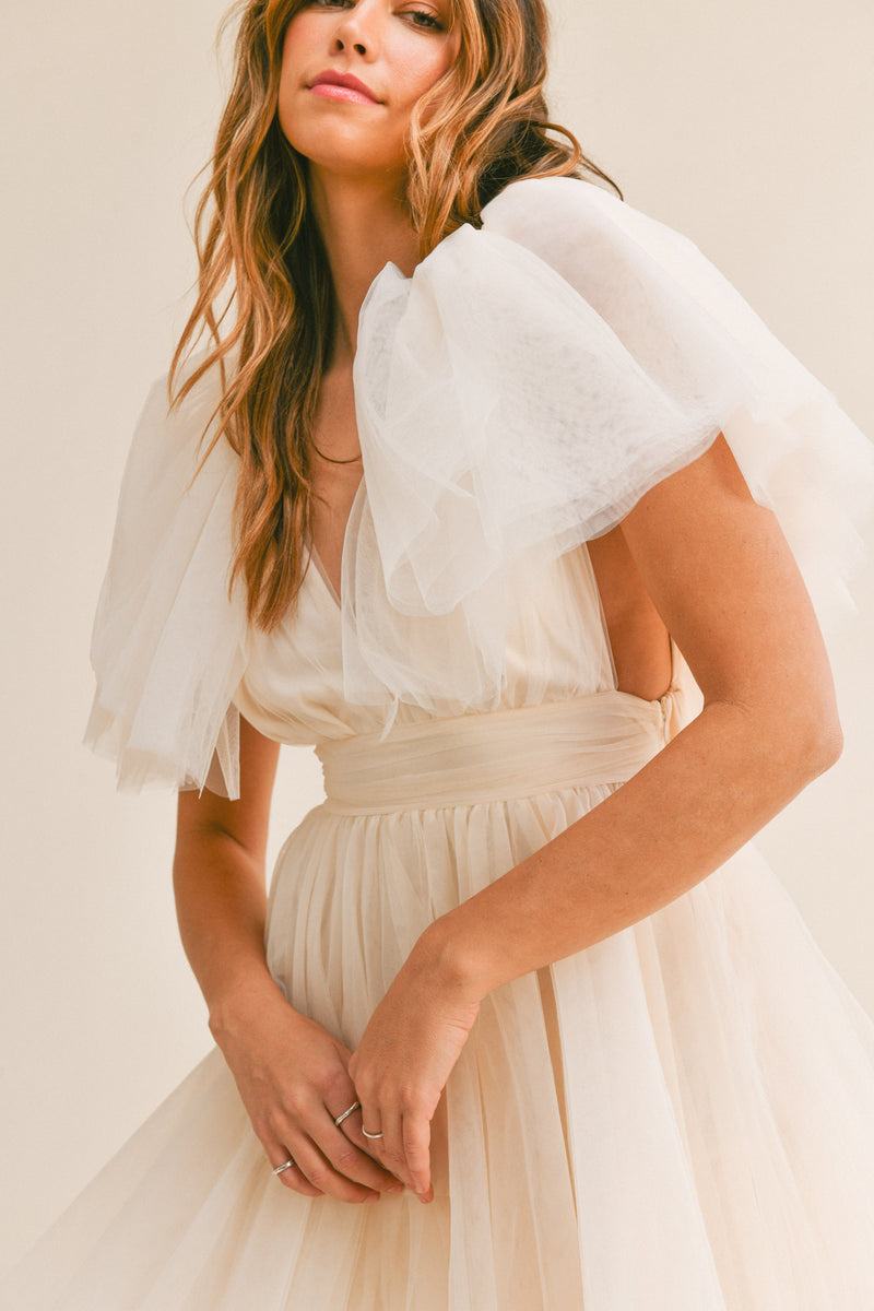NURIA TAILED BACK TULLE MINI DRESS