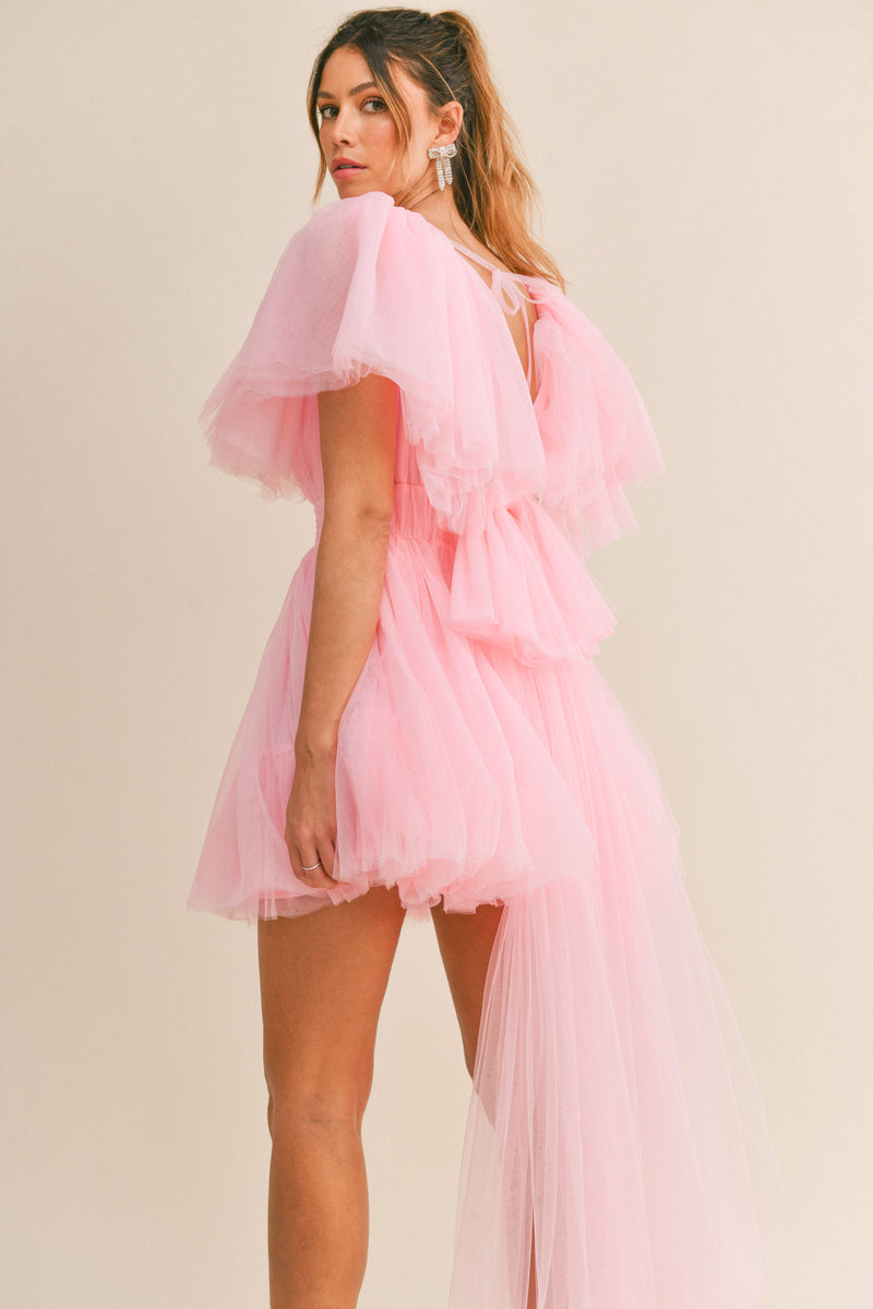 NURIA TAILED BACK TULLE MINI DRESS