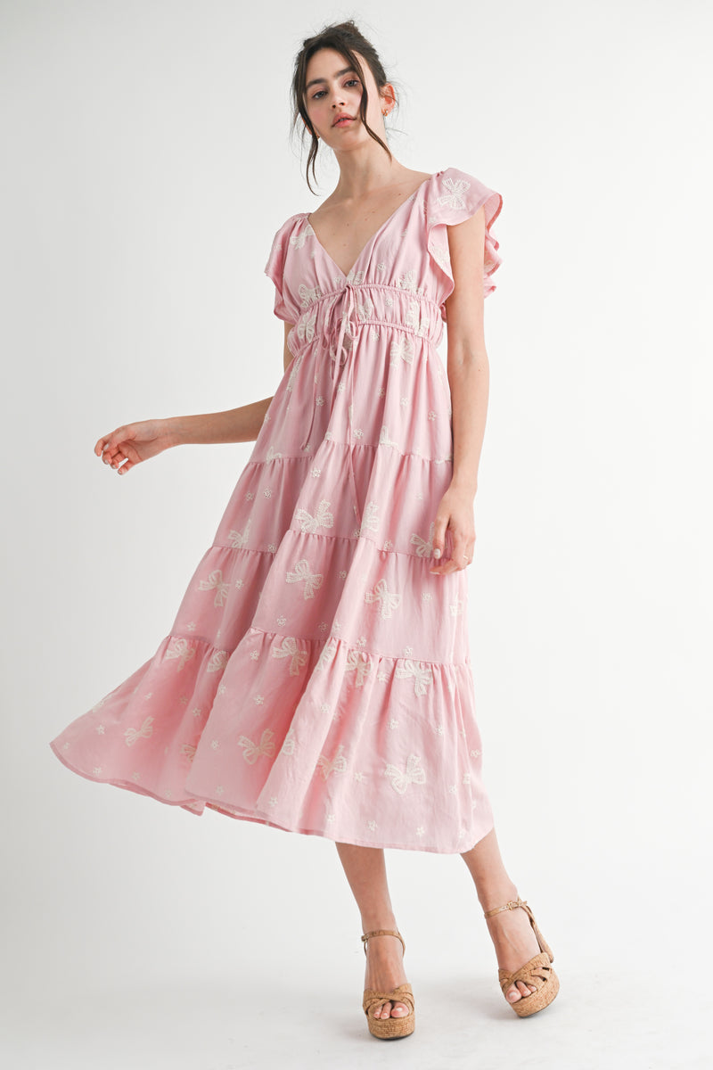 ELLIE BOW EMBROIDERED RUFFLED DRESS