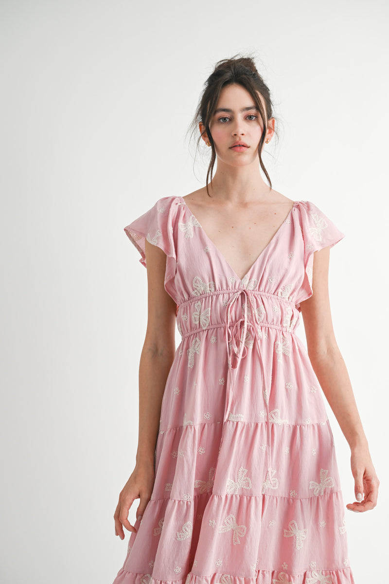 ELLIE BOW EMBROIDERED RUFFLED DRESS