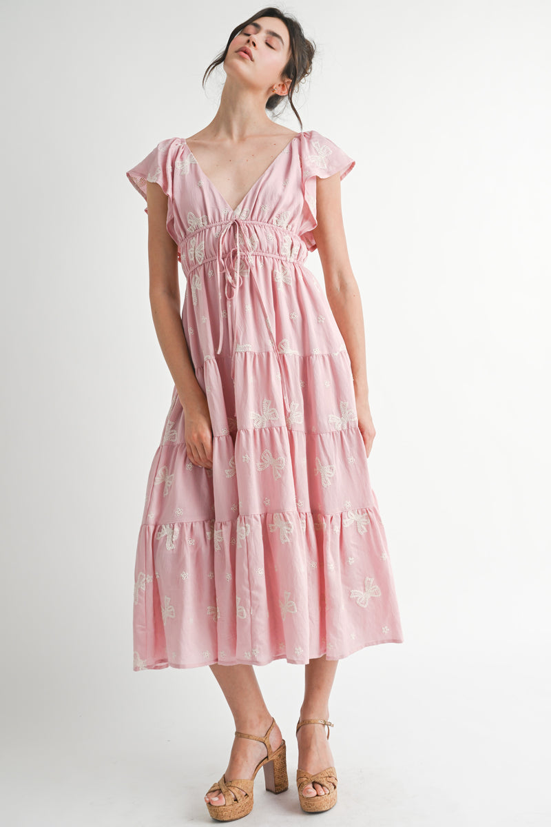 ELLIE BOW EMBROIDERED RUFFLED DRESS