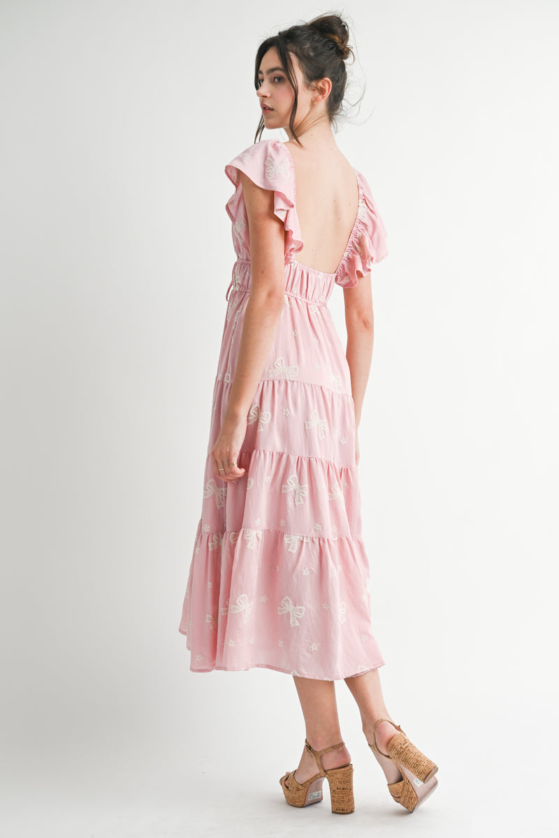 ELLIE BOW EMBROIDERED RUFFLED DRESS