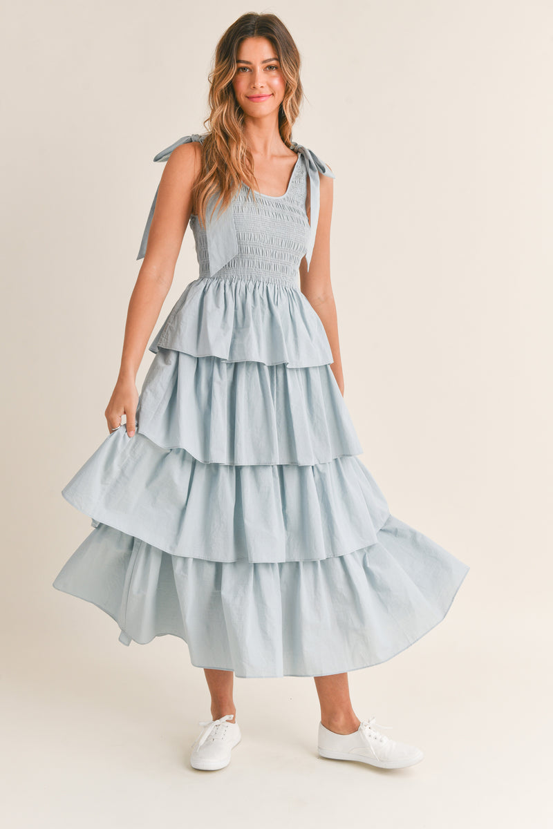 MILEY SLEEVELESS SHOULDER TIE LAYERED RUFFLE MIDI DRESS