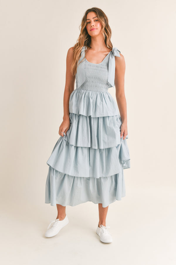 MILEY SLEEVELESS SHOULDER TIE LAYERED RUFFLE MIDI DRESS