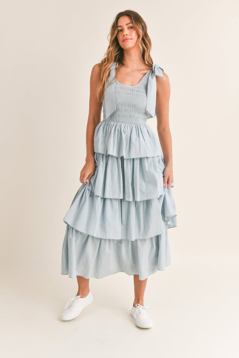 MILEY SLEEVELESS SHOULDER TIE LAYERED RUFFLE MIDI DRESS