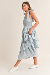 MILEY SLEEVELESS SHOULDER TIE LAYERED RUFFLE MIDI DRESS