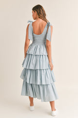 MILEY SLEEVELESS SHOULDER TIE LAYERED RUFFLE MIDI DRESS