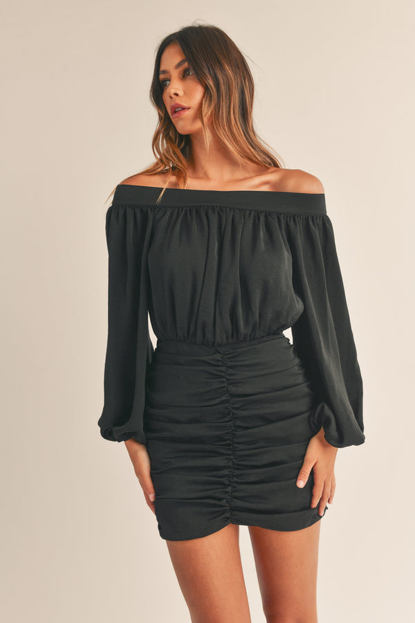 KAMRYN OFF SHOULDER RUCHED MINI DRESS