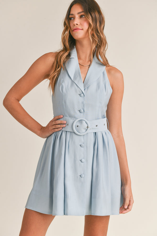 MILOU HALTER COLLAR BELTED MINI DRESS