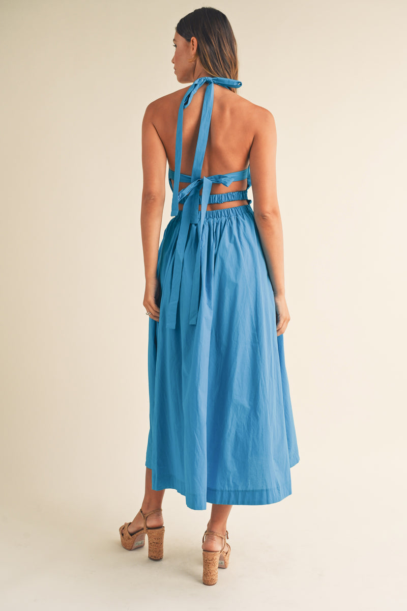 HALI HALTER NECK BOW TIED BACK MIDI DRESS