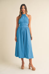 HALI HALTER NECK BOW TIED BACK MIDI DRESS