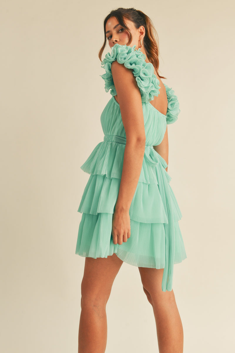 MAELLE  RUFFLE SHOULDER MINI DRESS