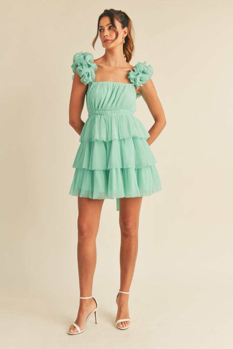 MAELLE  RUFFLE SHOULDER MINI DRESS