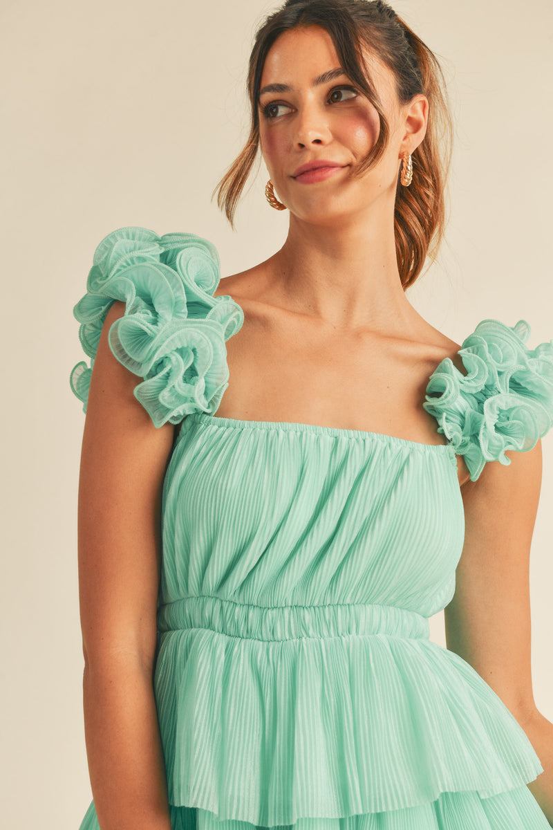 MAELLE  RUFFLE SHOULDER MINI DRESS