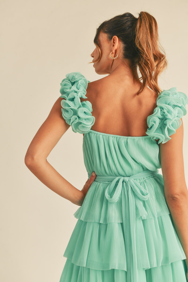 MAELLE  RUFFLE SHOULDER MINI DRESS