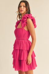 MAELLE  RUFFLE SHOULDER MINI DRESS