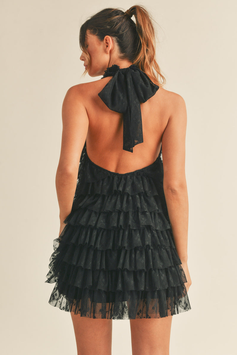 MAVIS TIERED FRILL HALTER NECK MINI DRESS