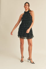 MAVIS TIERED FRILL HALTER NECK MINI DRESS