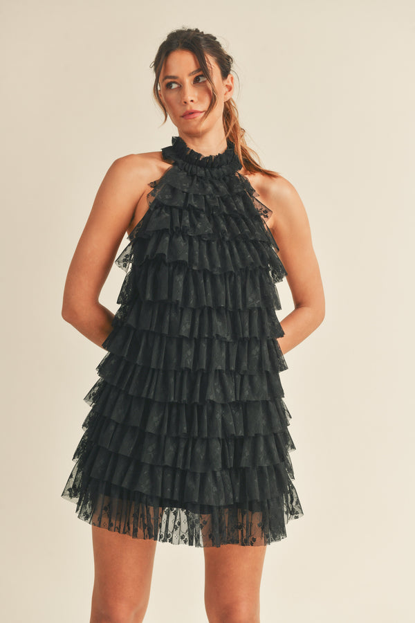 MAVIS TIERED FRILL HALTER NECK MINI DRESS