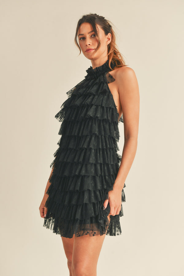 MAVIS TIERED FRILL HALTER NECK MINI DRESS