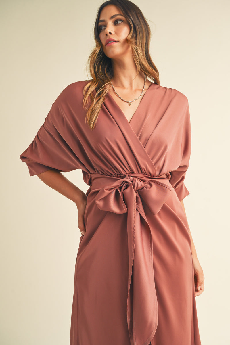 SEN V NECK FRONT TIE MIDI DRESS