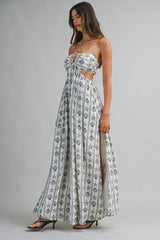 BRIA AQUA PRINTED HALTER NECK CUT OUT MIDI DRESS