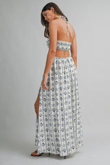 BRIA AQUA PRINTED HALTER NECK CUT OUT MIDI DRESS