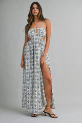 BRIA AQUA PRINTED HALTER NECK CUT OUT MIDI DRESS