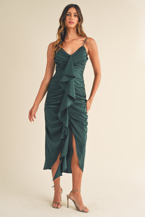 XIOMARA FRONT RUFFLE MIDI DRESS