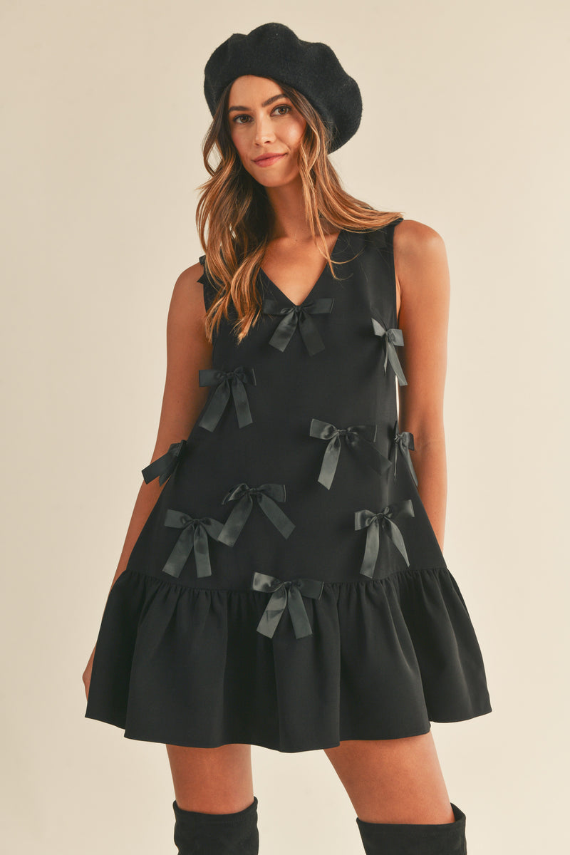 FEMKE SATIN BOW TRIMS RUFFLE MINI DRESS