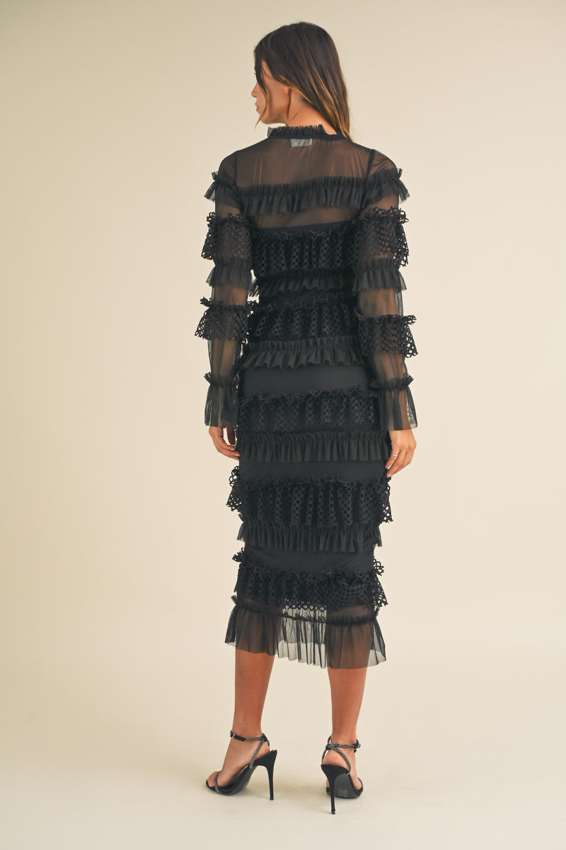 MAE FRILL TIERED TULLE MIDI DRESS