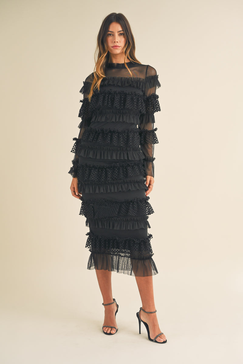 MAE FRILL TIERED TULLE MIDI DRESS