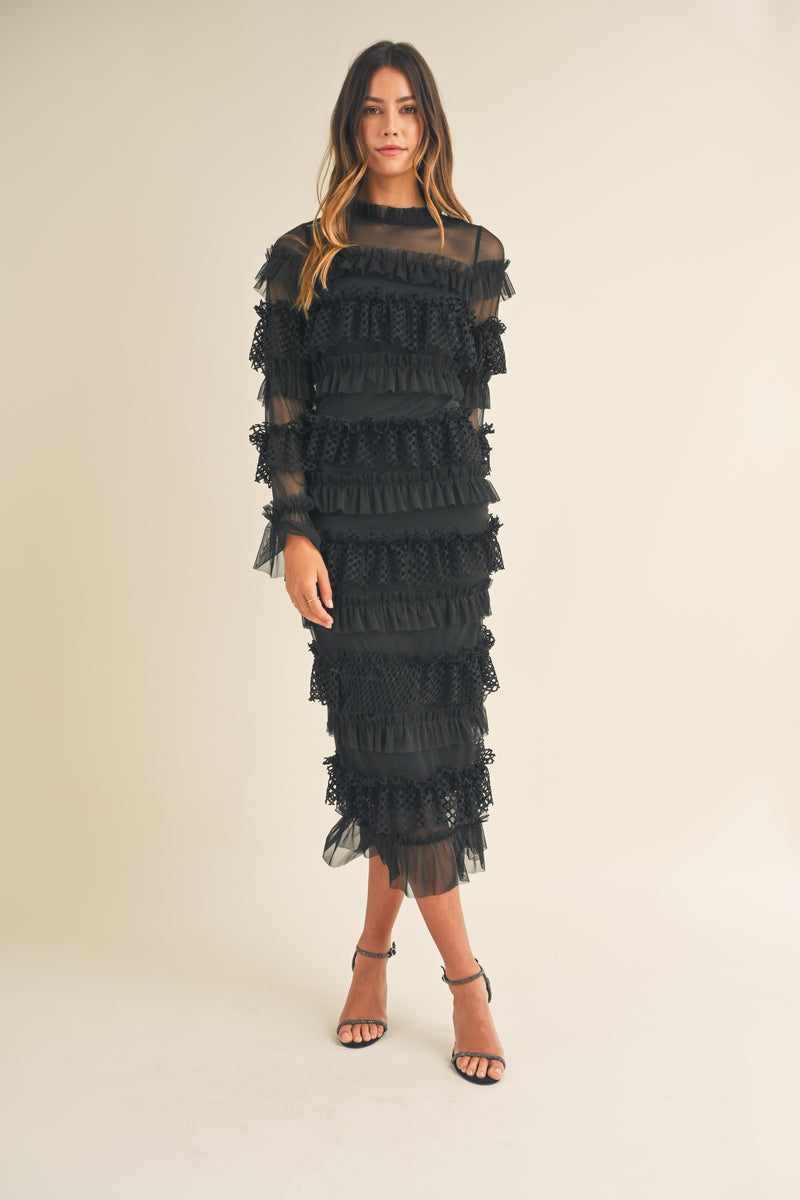 MAE FRILL TIERED TULLE MIDI DRESS