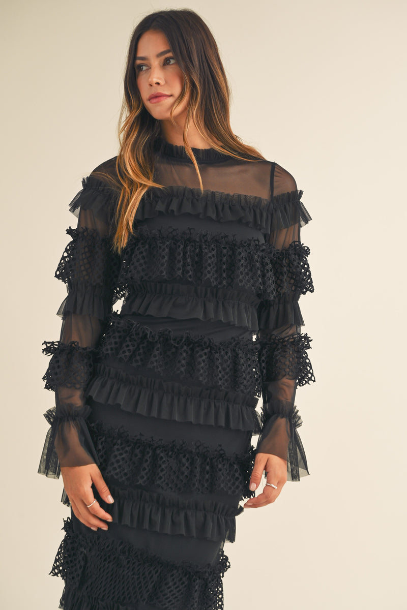 MAE FRILL TIERED TULLE MIDI DRESS