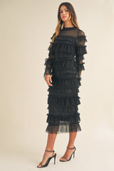 MAE FRILL TIERED TULLE MIDI DRESS