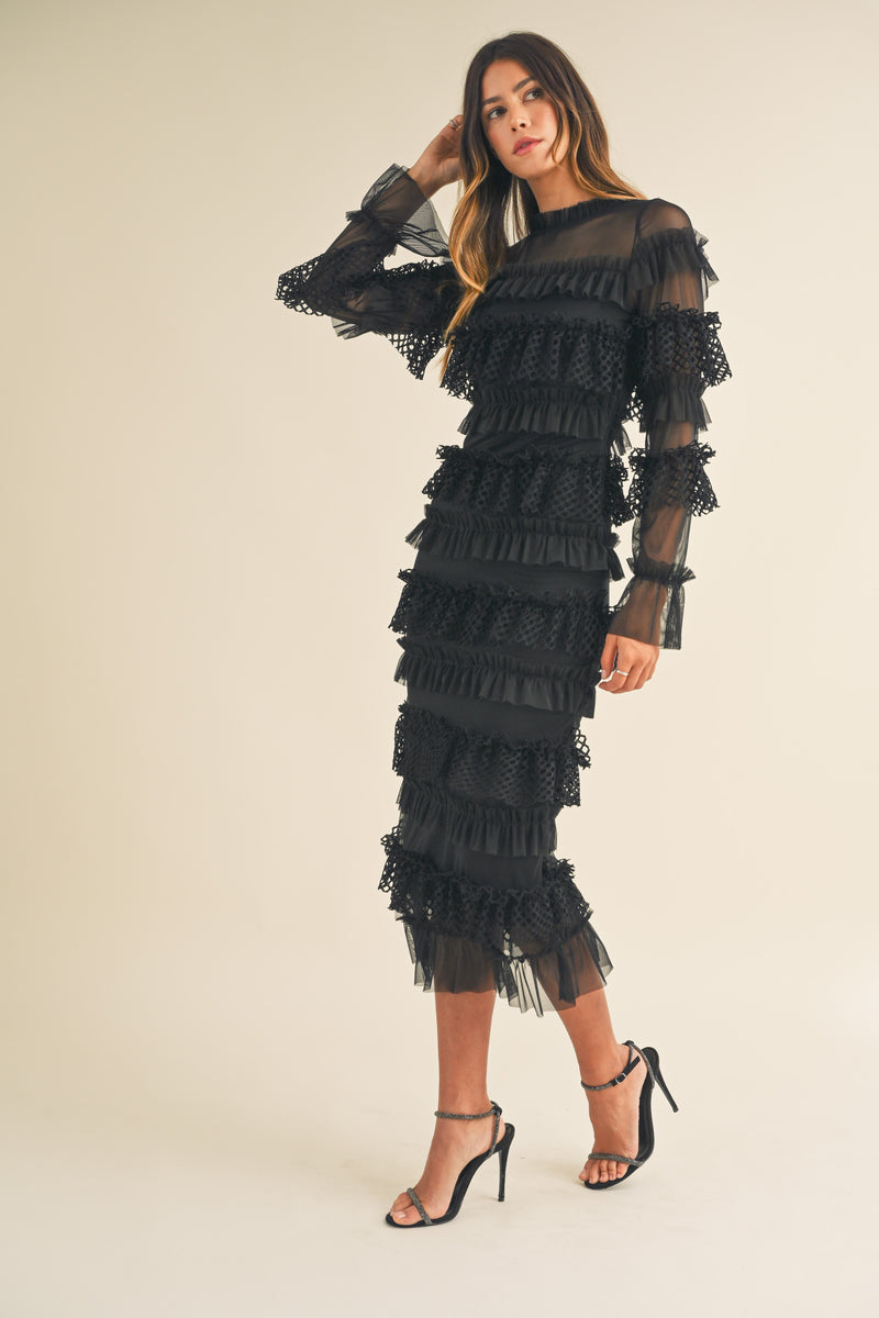 MAE FRILL TIERED TULLE MIDI DRESS