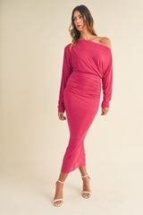 OCEAN NECKLINE RUCHED BODICE MIDI DRESS