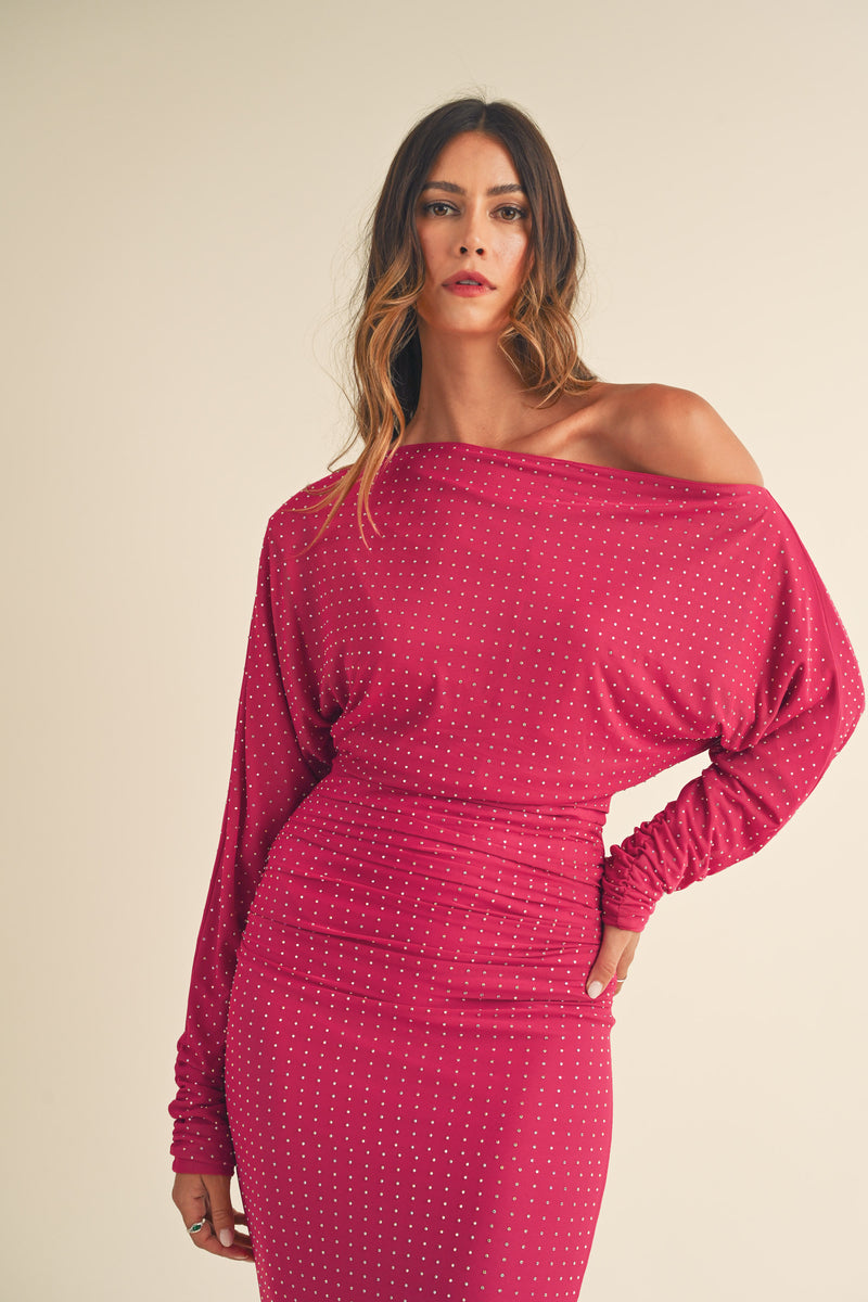 OCEAN NECKLINE RUCHED BODICE MIDI DRESS