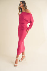 OCEAN NECKLINE RUCHED BODICE MIDI DRESS