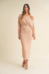 OCEAN NECKLINE RUCHED BODICE MIDI DRESS