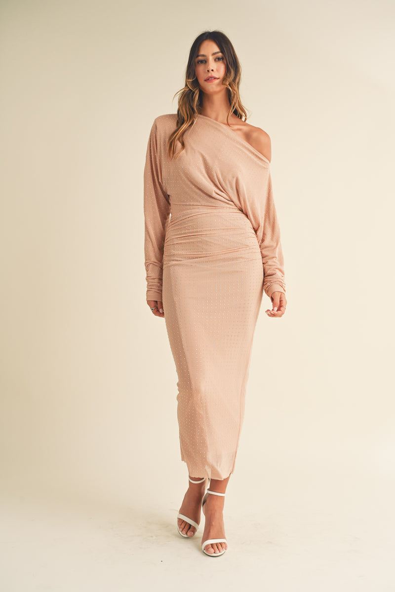 OCEAN NECKLINE RUCHED BODICE MIDI DRESS